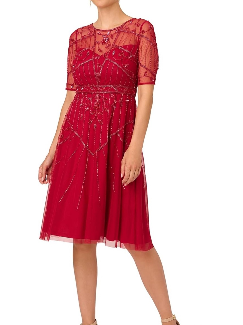 Adrianna Papell Red Beaded Mesh Overlay Cocktail Dress